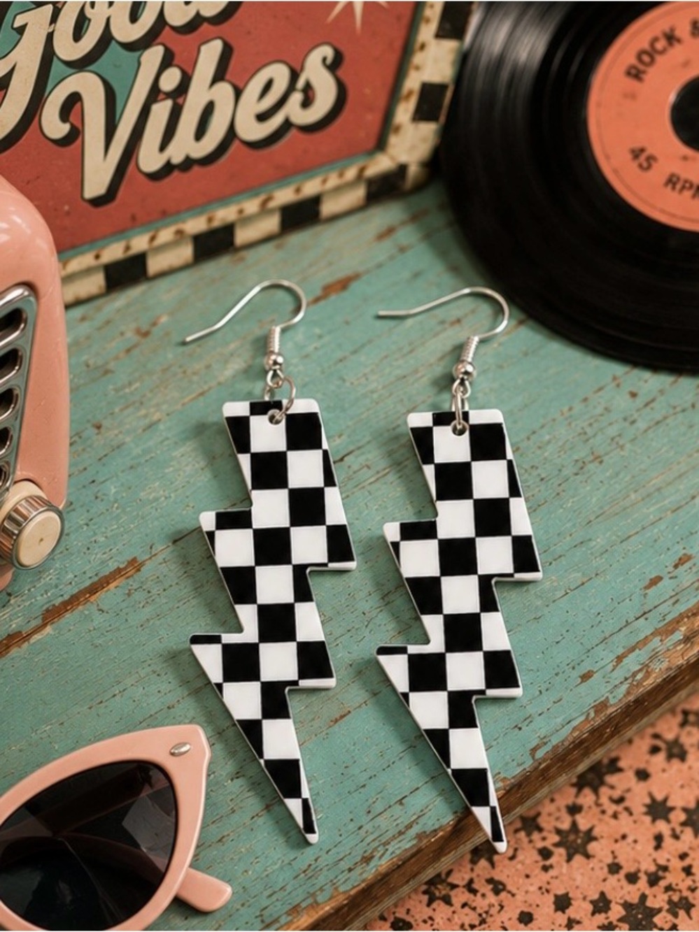 Checkered lightening strikes, retro earrings, checkered earrings